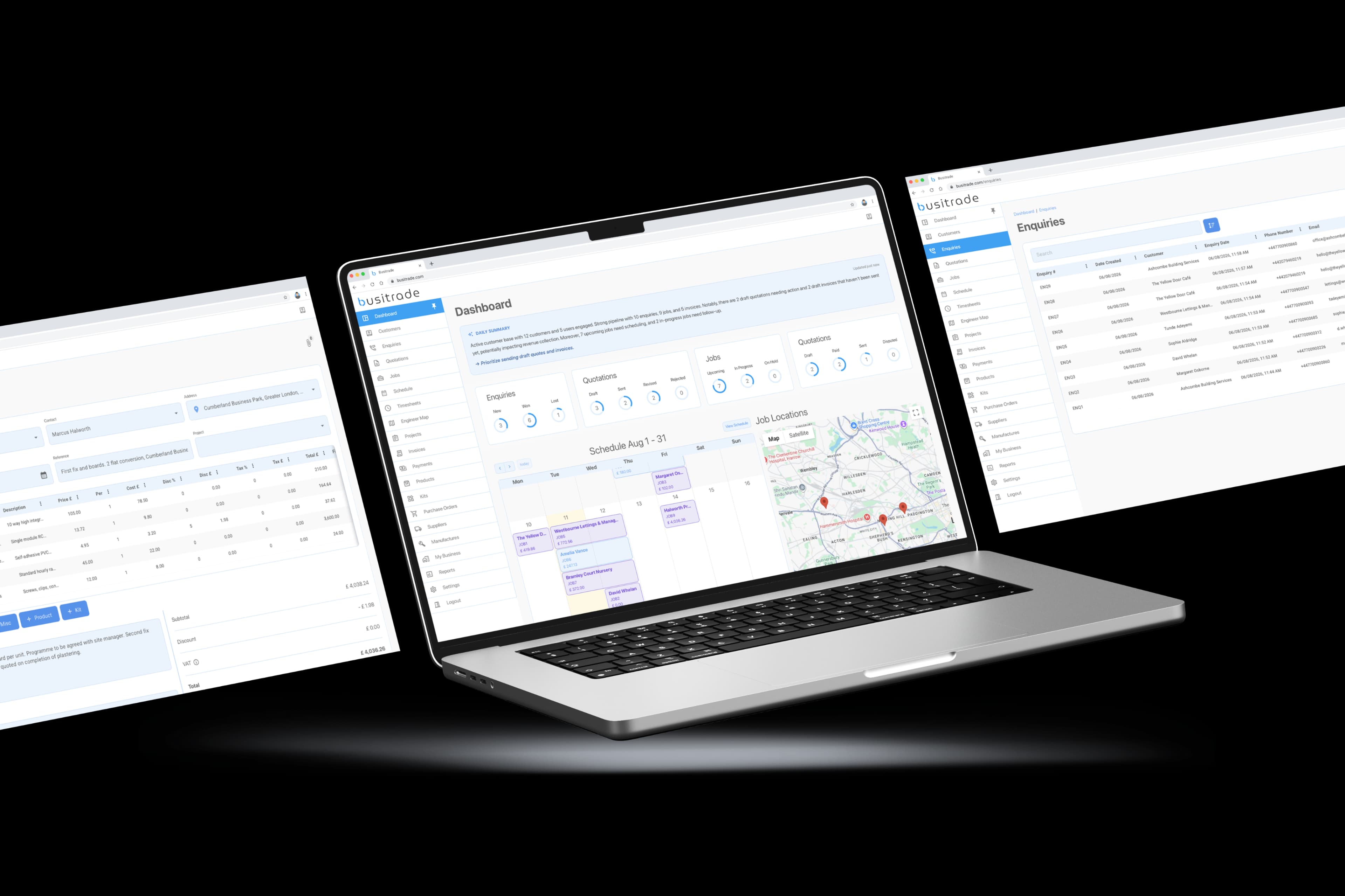 The Busitrade web app on a laptop, showing the business dashboard
